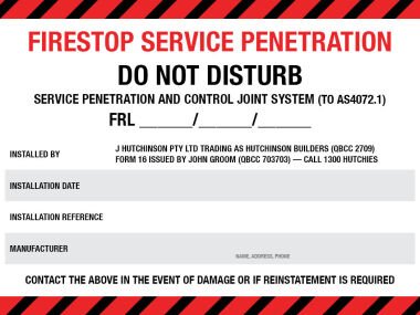 Fire Stop Service Penetration Sticker