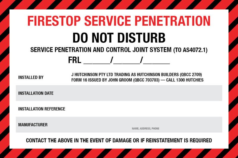 Fire Stop Service Penetration Sticker